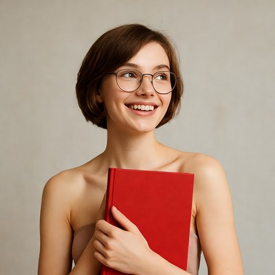 Young person smiling with a book