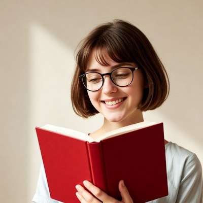 Woman reading a red book indoors