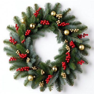 Wreath with red berries and gold ornaments