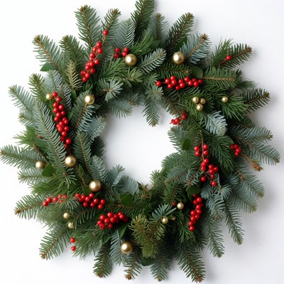 Winter wreath with greenery and red berries
