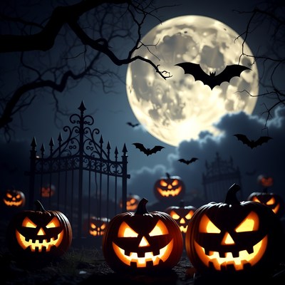 Pumpkins and bats in the night