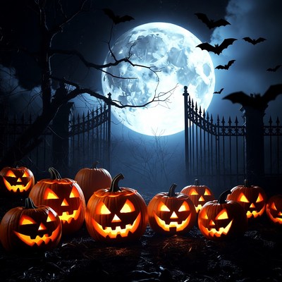 Halloween pumpkins glow at night