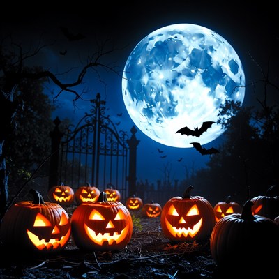 Halloween night with pumpkins and moon