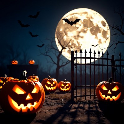 Pumpkins and bats at halloween night
