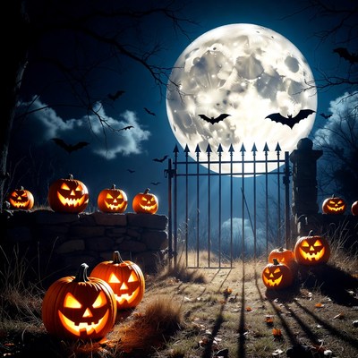 Halloween scene with pumpkins and moonlight