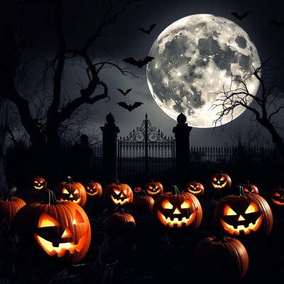 Halloween night with glowing pumpkins and moon
