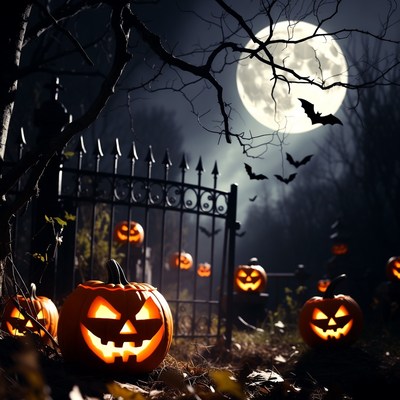 Halloween pumpkins at night in a graveyard