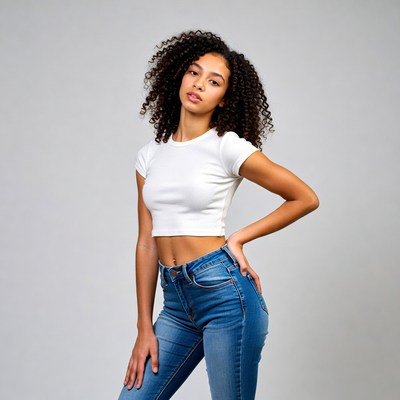 Model poses in white top and jeans