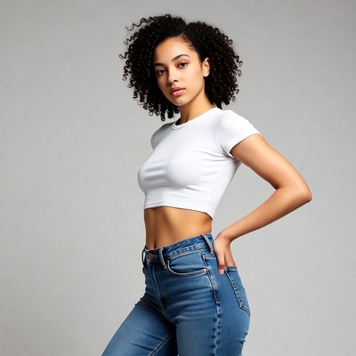 Model poses in studio with casual outfit