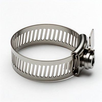 Metal hose clamp on white background