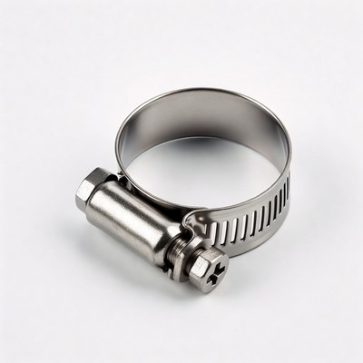 Metal hose clamp on white background