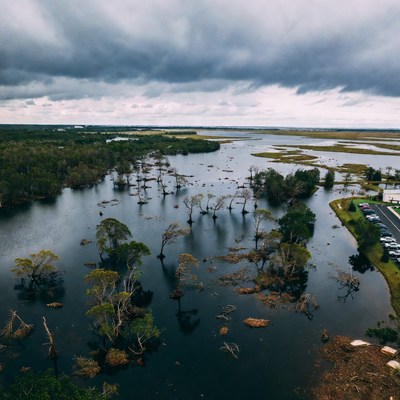 Flooded landscape with dark clouds