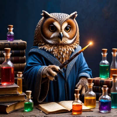 Owl with potions in wizard's workshop