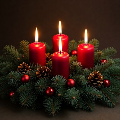 Four red candles on green wreath