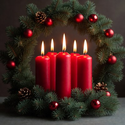 Holiday candles in festive wreath display