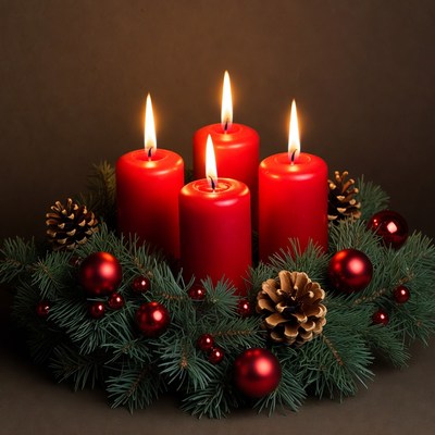 Red candles with pine and ornaments