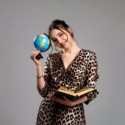 Woman holding globe and book