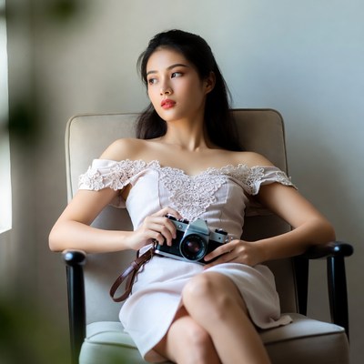Woman with camera in a chair
