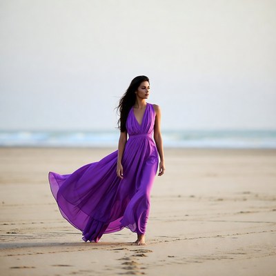 Woman walks on beach at sunset