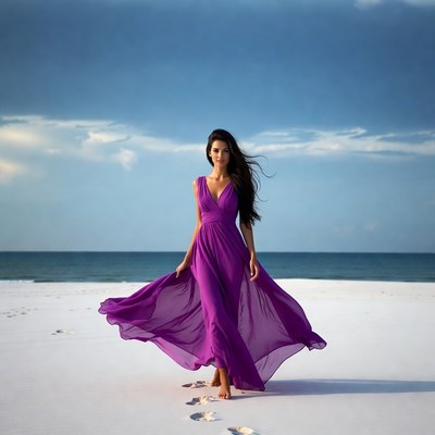 Woman in purple dress on beach