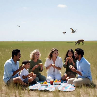 Friends enjoy picnic on grassland