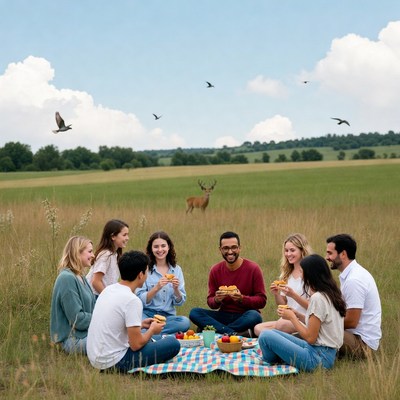 Friends picnic in open field