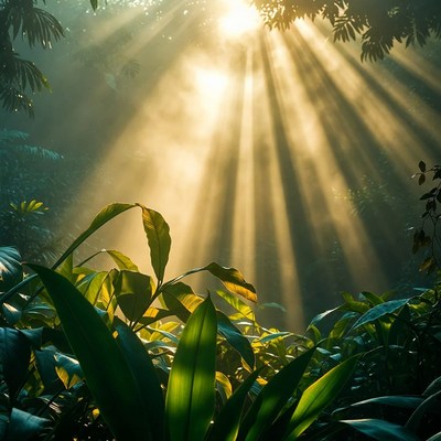 Sunlight rays shine through forest