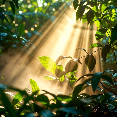 Sunlight shining through green leaves