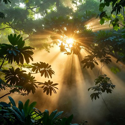 Sunlight shines through forest trees