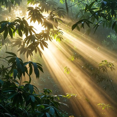 Sunlight shines through forest canopy