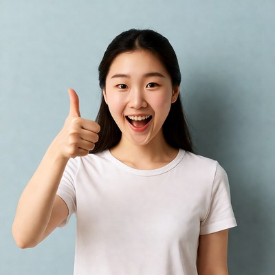 Young woman gives thumbs up