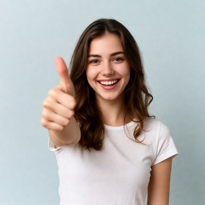 Smiling woman giving thumbs up