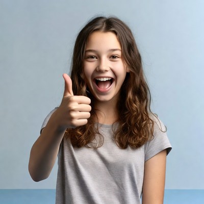Girl showing thumbs up in studio