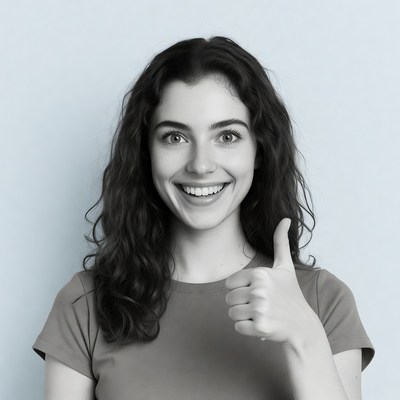 Smiling woman gives thumbs up gesture