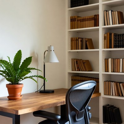 Desk setup with books and plant