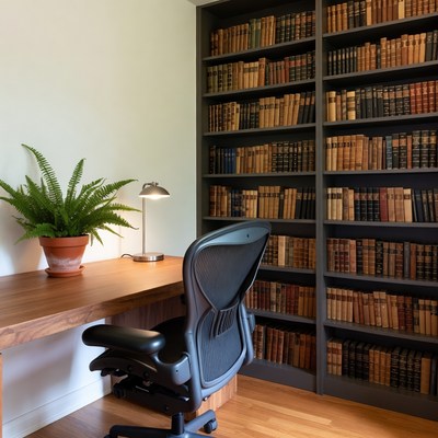 Cozy workspace with books and plants