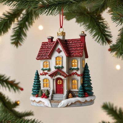 House ornament hangs on tree