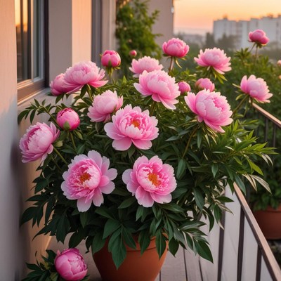 Pink flowers bloom on balcony in evening