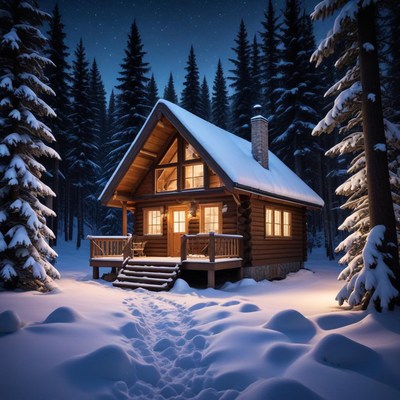 Cozy cabin in winter night