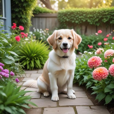 Dog sitting in flower garden during afternoon