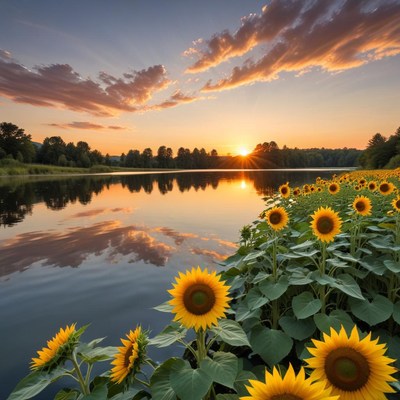 Sunflowers by the river at sunset