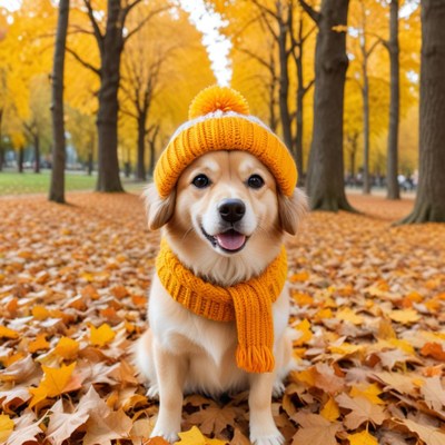 Dog in autumn park wearing hat and scarf
