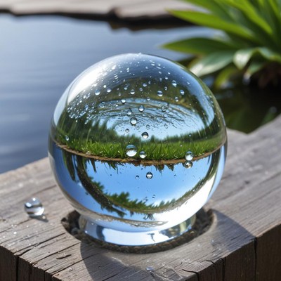 Crystal ball reflects garden scene