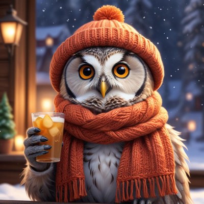 Owl wearing hat and scarf holds drink