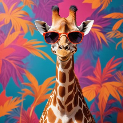 A giraffe stands in front of a bright backdrop