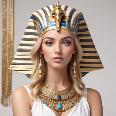 Woman wearing pharaoh costume with jewelry