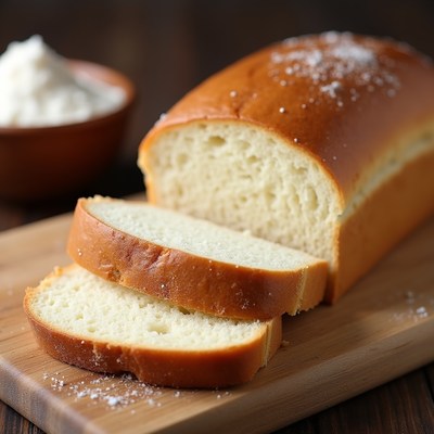 Freshly baked bread on wooden board