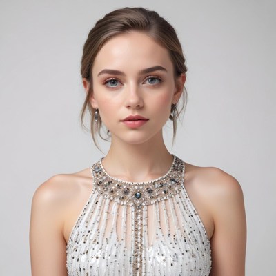 Model poses in detailed dress