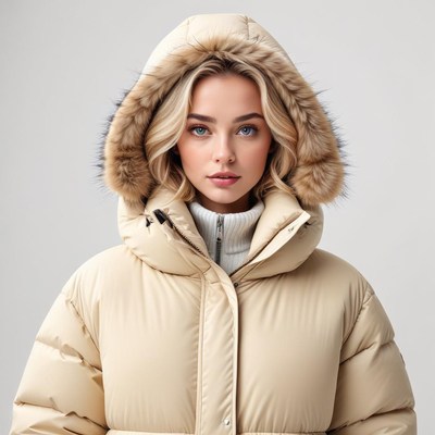 Model in winter coat with fur hood