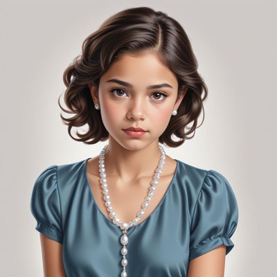 Young girl in blue dress with pearls